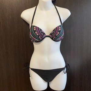 Boho Black Pink Halter Bikini